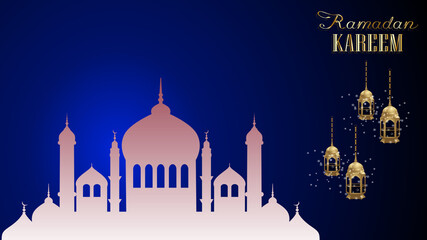 Ramadan Mubarak modern  background, Ramadan Kareem with Hanging  Lantern & Mosque Background
