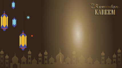 Ramadan Mubarak modern  background, Ramadan Kareem with Hanging  Lantern & Mosque Background
