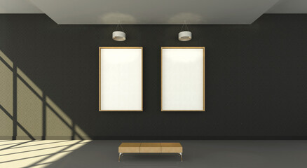 3d illustration of a beige leather bench in front of two vertical rectangular frames at a gallery mock up. Dark grey textured wall behind the scene with deep shadow of the glass façade on the left. 