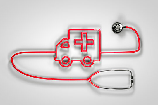 Stethoscope shape ambulance on white - grey background. 3d Render