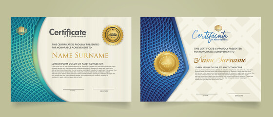 Set vertical and horizontal certificate template with lines circle pattern and wave checkered lines pattern ornament. Diploma. Vector illustration