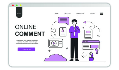 Man standing and thinking about comment. Comments concept landing page. Line style flat.