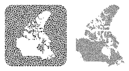 Map of Canada mosaic created with spheric items and stencil. Vector map of Canada collage of spheric blots in different sizes and grey color tinges. Created for abstract posters.