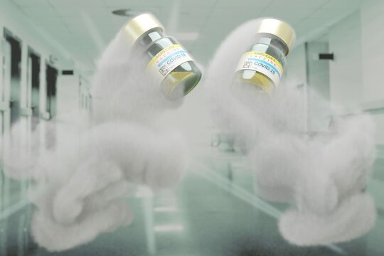 A 3D-illustration of a two corona vaccine portions that were strongly cooled down and produce condensed steam.