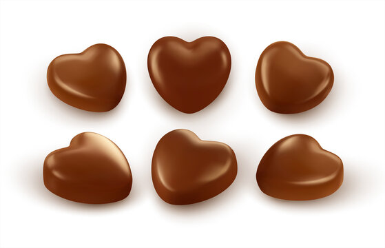 Set Of Realistic Heart Shaped Chocolates Isolated On White Background. Festive Design Element For Happy Valentines Day. Vector Illustration