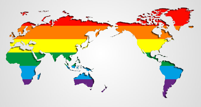 LGBT (lesbian, gay, bisexual, and transgender) Flag over world map. International Gay Pride Concept