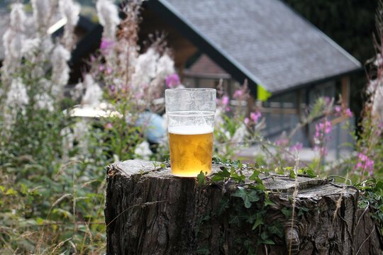 Draft beer glass near the river waterfall, alcohol beverage brewery in the nature