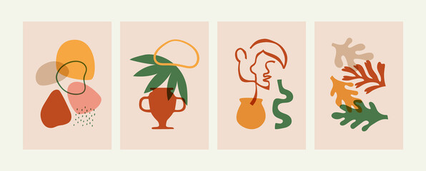 Set of abstract matisse art style composition. Natural summer plants, woman face and organic shapes in soft earth colors. Summer illustration set.