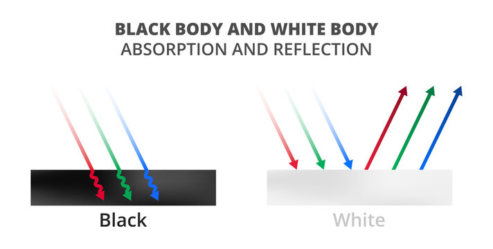 Vector scientific illustration of light absorption and light reflection isolated on white. Black and white surfaces, black body, blackbody and white body, whitebody. Physics color theory explanation. 