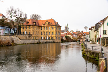 Bamberg, Germany, 20.12.2020. View over the Pegnitz to the famous Villa Concordia and the historic old town. High quality photo