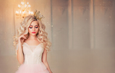Portrait capricious fantasy princess girl. Blond lond hair gold crown. Fairy tale lady woman in...