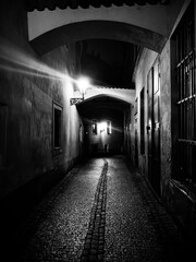 Monochrome Prague old town empty street. Prague, Czech Republic, Europe