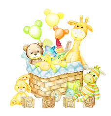 Bear, giraffe, rabbit, horse, zebra, basket, for toys. Watercolor clip art in cartoon style, children's toys on an isolated background.