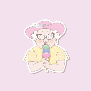 Sticker Of A Cute Old Lady Eating Ice Cream.Vector Illustration In A Cartoon Style.