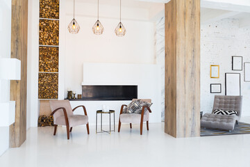 Stylish modern interior design of spacious bright studio apartment with unique furniture