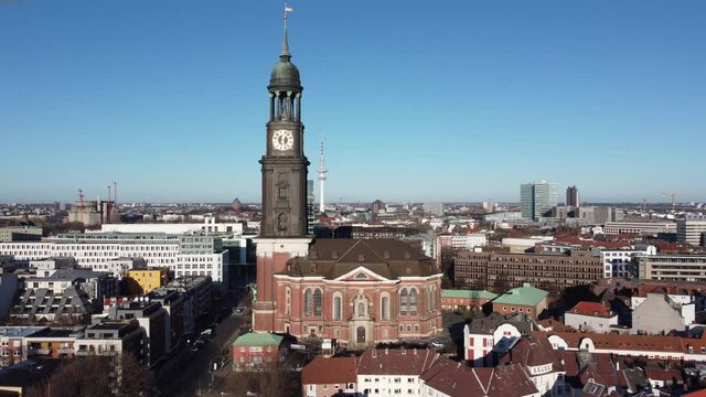 Famous St. Michael s Church called Michel in the city of Hamburg - aerial view