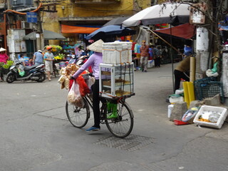 woman drives a bicycle in a vietnam market