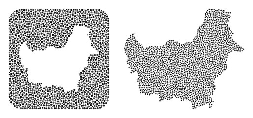Map of Borneo Island mosaic designed with spheric items and subtracted space. Vector map of Borneo Island mosaic of spheric dots in variable sizes and gray color tints.
