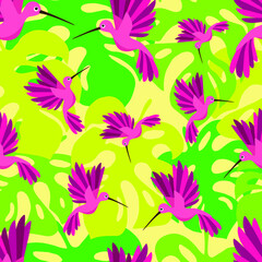 Fototapeta na wymiar Little colibri small bird and tropic palm leaves seamless pattern. Vector illustration.