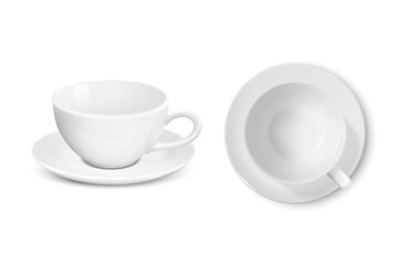 Vector 3d Realistic White Porcelain Empty Ceramic Mug with Saucer Set Isolated on White Background. Tea, Coffee, Capuccino, Latte Cup. Vector illustration. Design Template for Mockup. Front, Top View