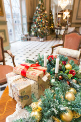 New Year's decoration of a gorgeous living room in a luxury classic style