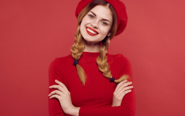 pretty woman with pigtails red dress attractive look isolated background