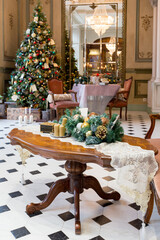New Year's decoration of a gorgeous living room in a luxury classic style