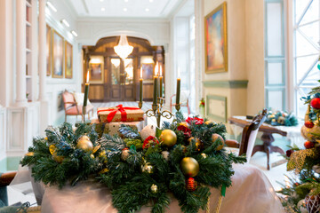 New Year's decoration of a gorgeous living room in a luxury classic style