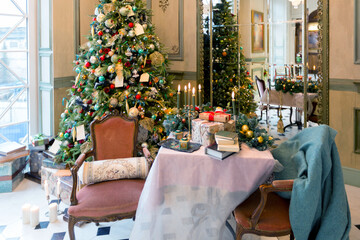 New Year's decoration of a gorgeous living room in a luxury classic style