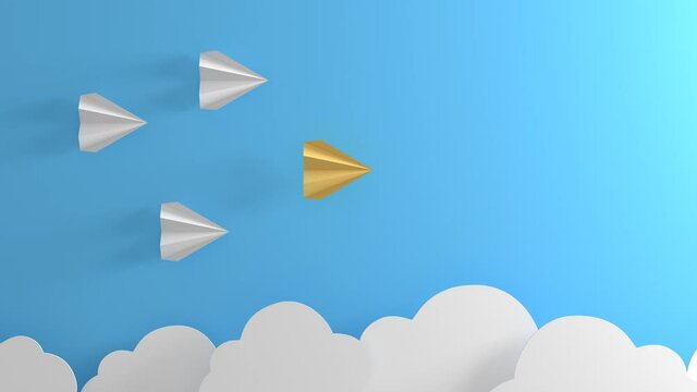 Avions en papier volant au-dessus des nuages. Le leader est devant. Rendu 3D.
