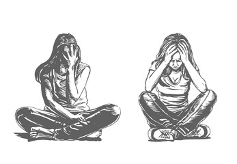 Sad and depressed girls sitting on the floor. Depressed teenager. Creative vector illustration