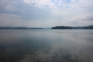 Looking at the surface of a large and beautiful mountain lake