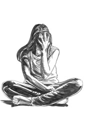 Sad and depressed girl sitting on the floor. Depressed teenager. Creative illustration current