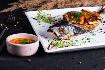 Mackerel baked with vegetables on a dish, on a dark background