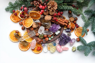 Crystal gemstones, natural winter decor, candle. Witchcraft Ritual, energy healing minerals....