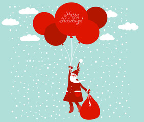 Funny Santa Claus flying with balloons. Christmas and Happy Holidays vector card