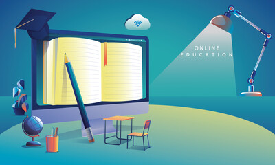 Online Education Application learning worldwide on Computer, mobile website background. social distance concept book lecture pencil. The classroom training course, library Vector Illustration Flat Des