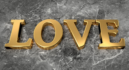 Gold word LOVE on marble background