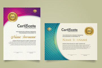 set elegant and futuristic certificate template with lines circle pattern and wave checkered lines pattern ornament. Diploma. Vector illustration