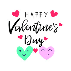 Happy Valentines Day typography poster with handwritten calligraphy text and cartoon heart couple, isolated on white background. Vector Illustration with love concept. Eps10. Easy to use. Copy paste. 