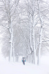 Girl walking through the snowy forest
