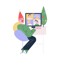 Happy woman in festive cap sitting and celebrating Christmas holiday online with friends