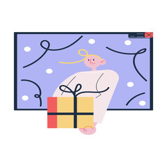 Laptop screen with happy man celebrating Christmas or New Year holiday and giving present online