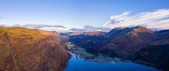 aerial view of loch creran, glen creran and offshore islands on the west coast of the argyll region of the highlands of Scotland during winter