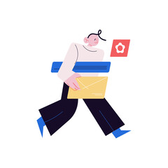 Young man programmer carrying laptop in hands and thinking about web codes