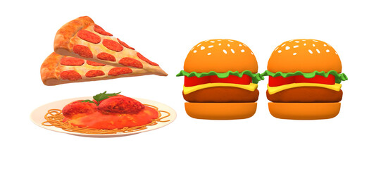 3d illustrations of cheeseburger , pasta  and slice of pizza isolated with white background