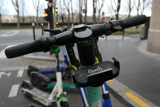 Paris, France. December 25. 2020. Electric Rental Scooters Parked In The Street. Ecological Urban Mobility. Economic Transport.