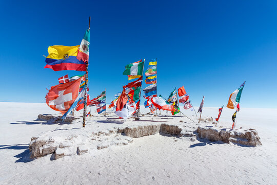 Colorful Flags From All Over the World at Uyuni Salt Flats, Bolivia, South America