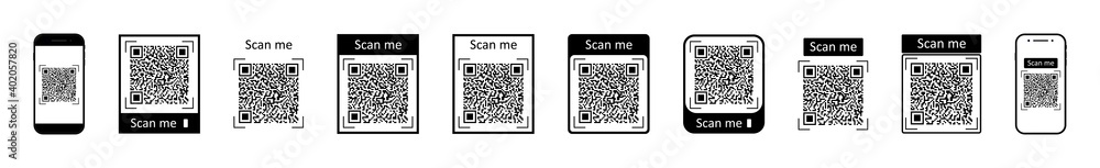 Poster qr code for scan with mobile. icons of barcode for phone scanner. digital bar of logo with scan to m