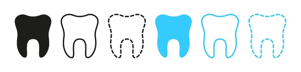 Icon of tooth. logo for dentist clinic. Graphic outline of teeth for dentistry. Symbols health of smile. Sign of toothache. Black and blue molars on white background. Icon for care of mouth. Vector